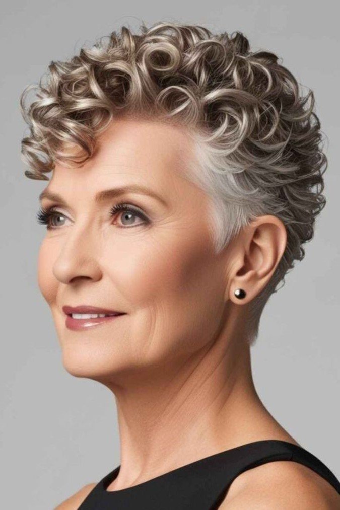 Salt-and-Pepper Pixie Cut with Defined Curls and Sleek Sides