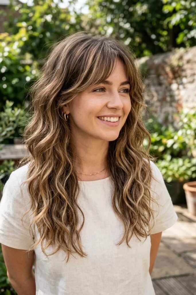 Sandy Blonde Layered Wavy Cut with Soft Fringe