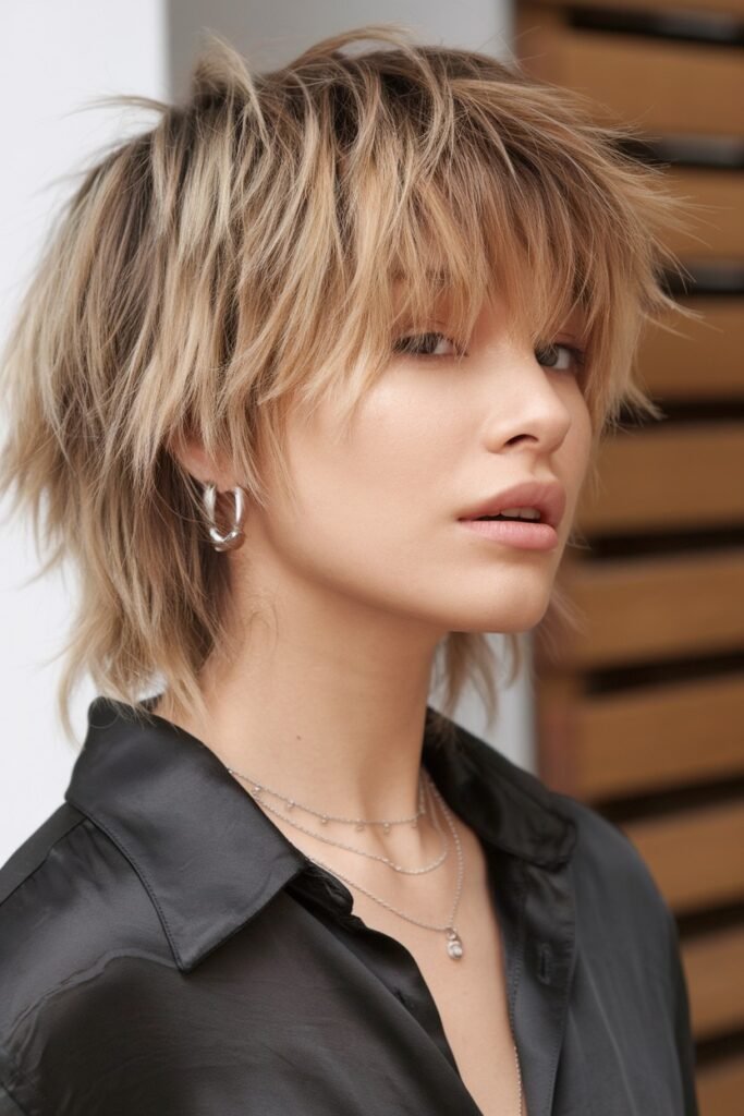 Sandy Blonde Messy Shag Cut with Piece-y Bangs