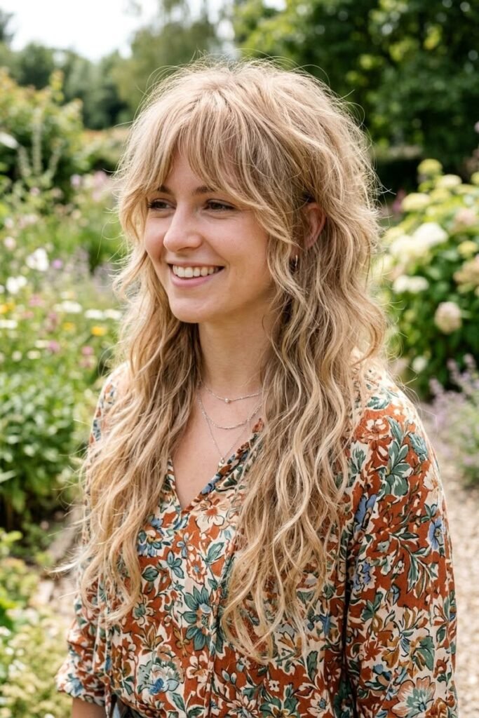 Sandy Blonde Textured Shag with Layered Waves and Soft Fringe