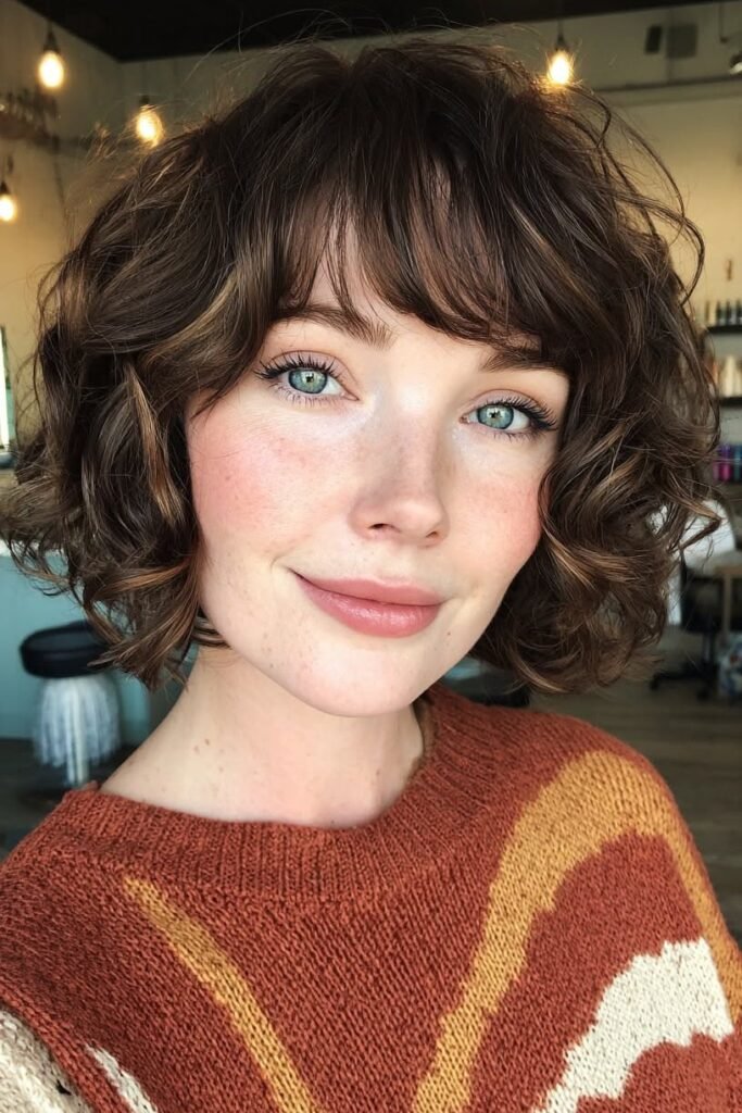 Shaggy Curly Bob with Soft Bangs