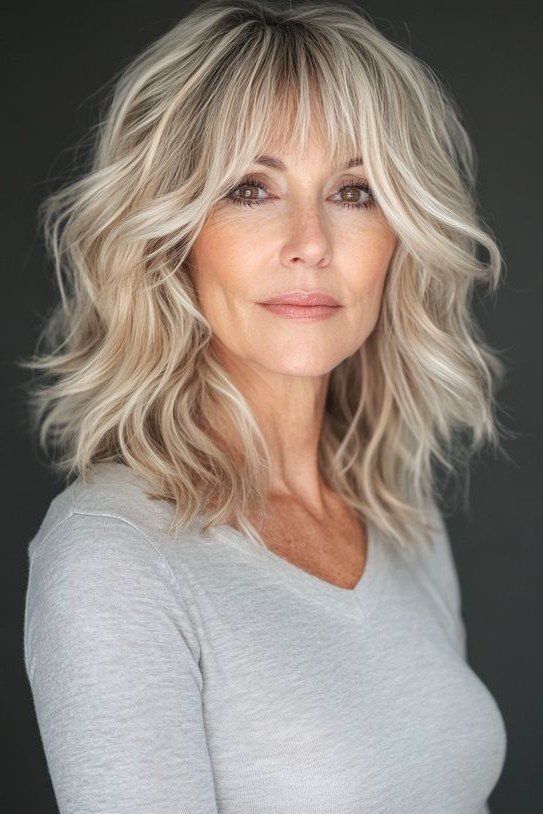 Shaggy Medium Cut with Soft Fringe and Waves