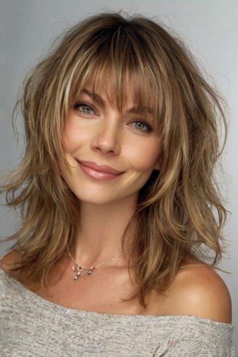 Shaggy Medium-Length Hair with Thin Bangs
