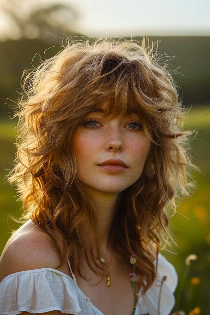 Shaggy Strawberry Blonde Layered Cut with Full Curtain Bangs