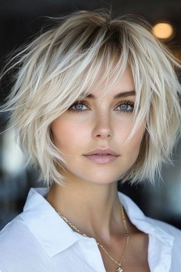 Shaggy Textured Platinum Blonde Bob with Long Layers