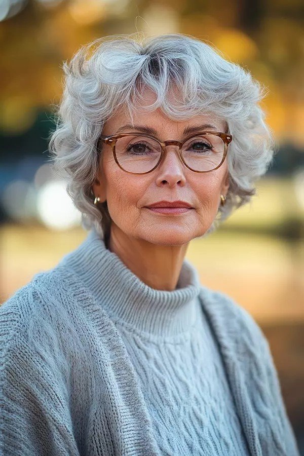 Short Curly Bob with Soft Silver Waves