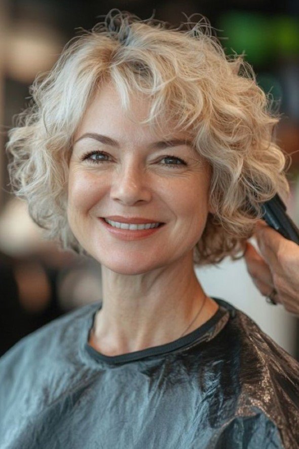 Short Curly Bob with Soft Textured Bangs