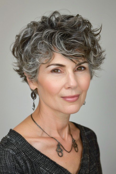 Short Curly Pixie Cut with Salt and Pepper Waves