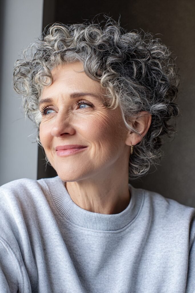 Short Curly Silver Pixie with Soft Side Sweeps