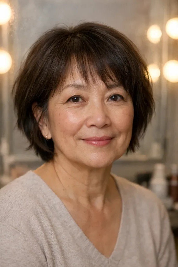 Short Dark Brown Bob with Soft Bangs