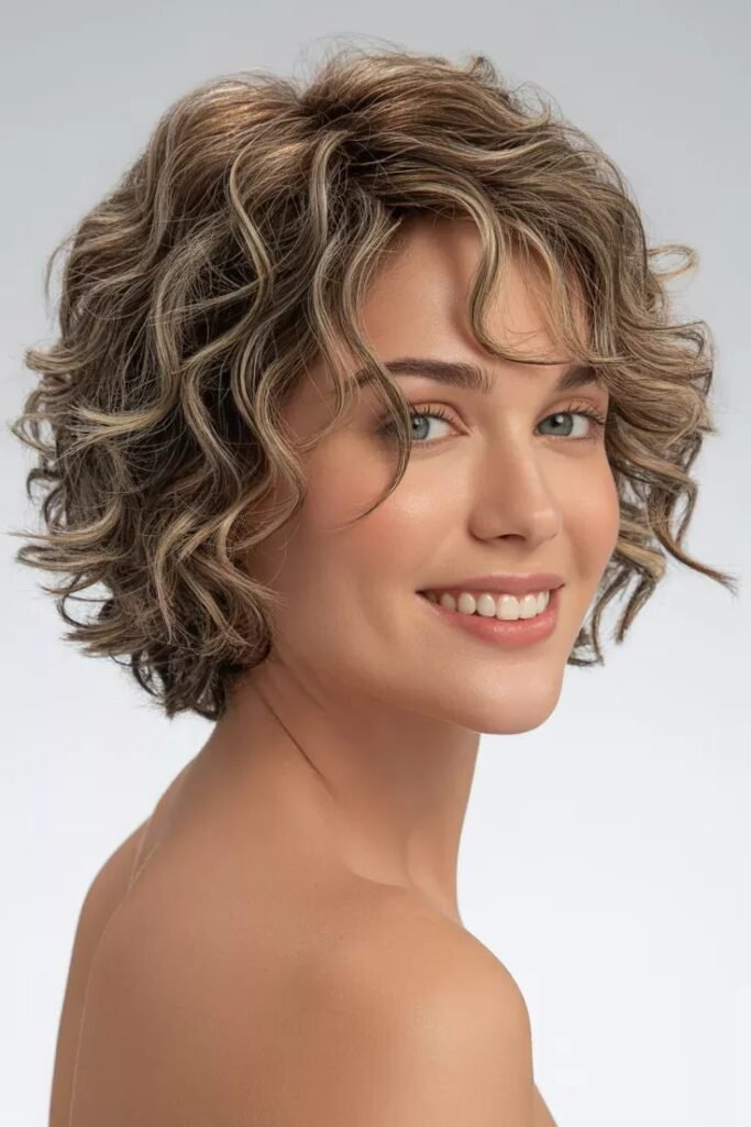 Short Layered Curly Hair with Highlights and Side-Swept Bangs
