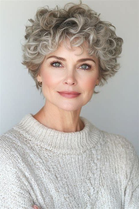 Short Textured Curly Hairstyle with Soft Front Fringe in Gray Tones