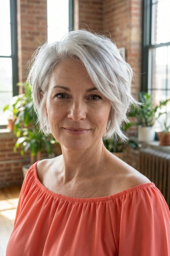 Short Textured Silver Bob with Side Parting
