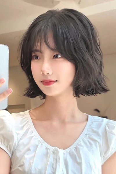 Short Wavy Dark Bob with Soft Bangs