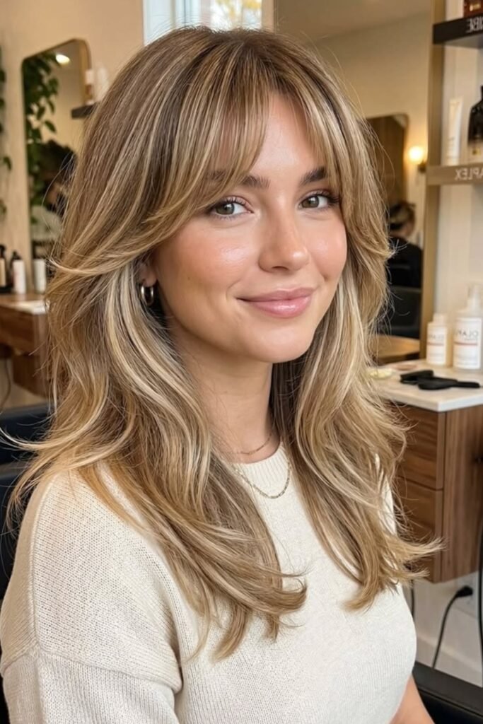 Shoulder-Length Hair with Curtain Bangs and Highlights