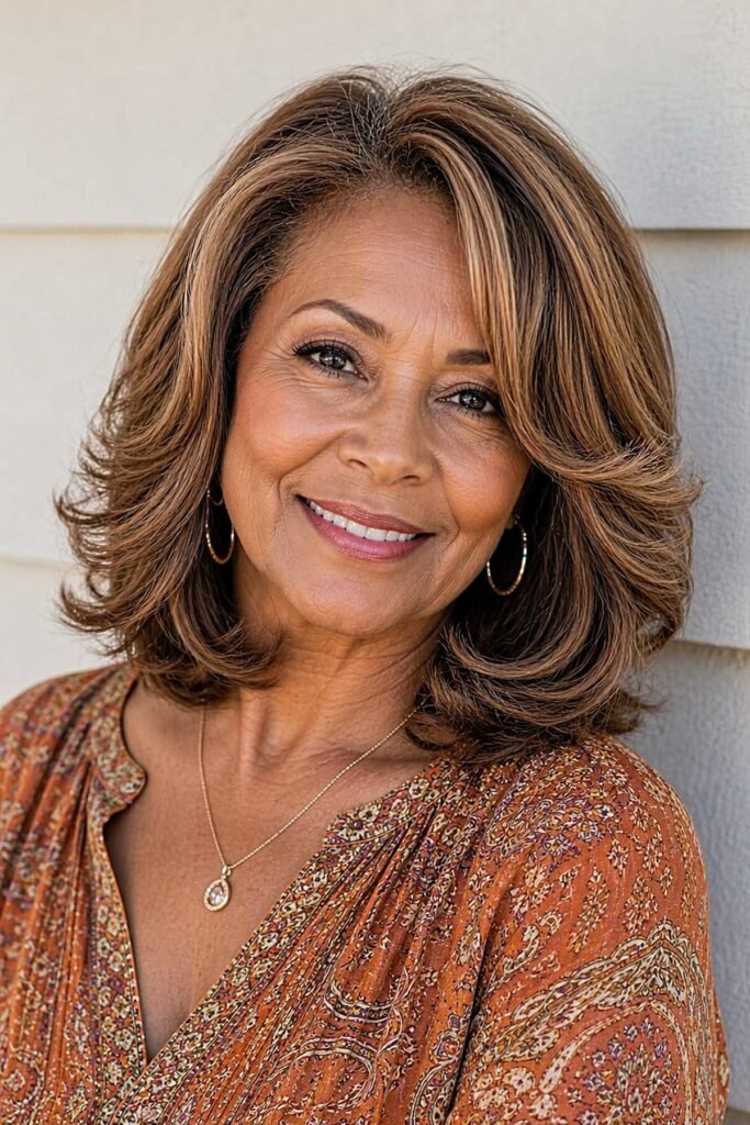 Shoulder-Length Layered Bob with Warm Highlights