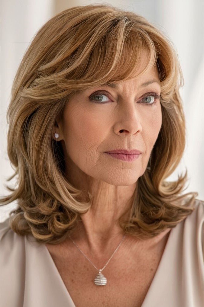 Shoulder-Length Layered Cut with Curtain Bangs