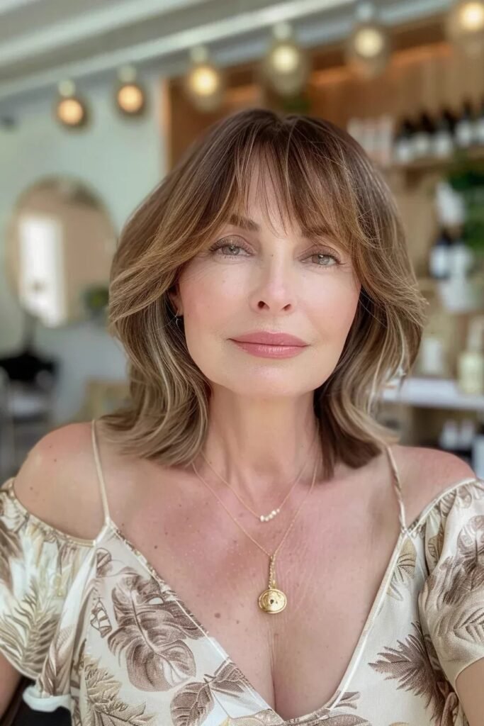 Shoulder-Length Layered Cut with Soft Wispy Bangs