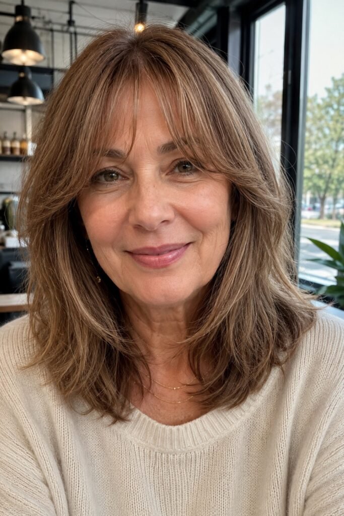 Shoulder-Length Layered Hair with Curtain Bangs