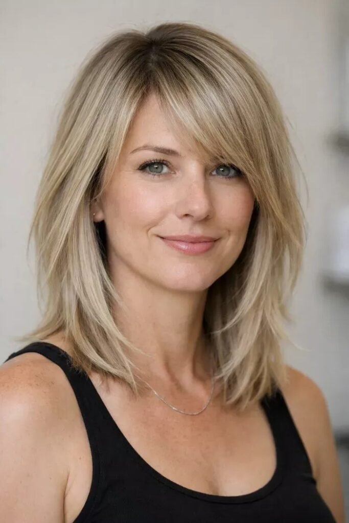 Shoulder-Length Layered Hair with Side-Swept Bangs