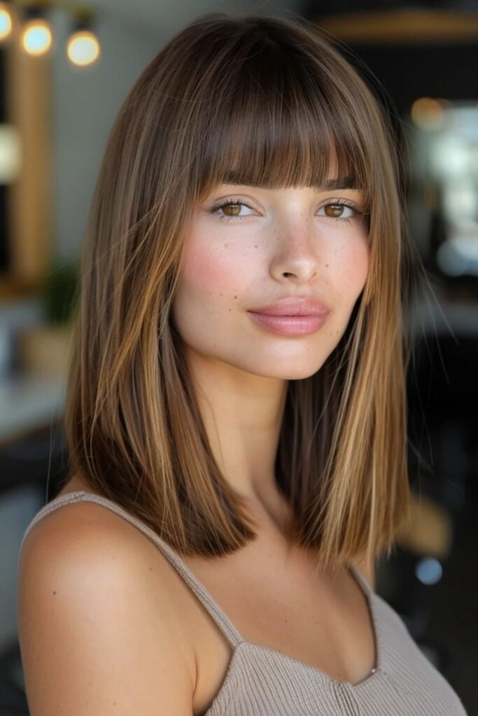 Shoulder-Length Layered Hair with Straight Bangs