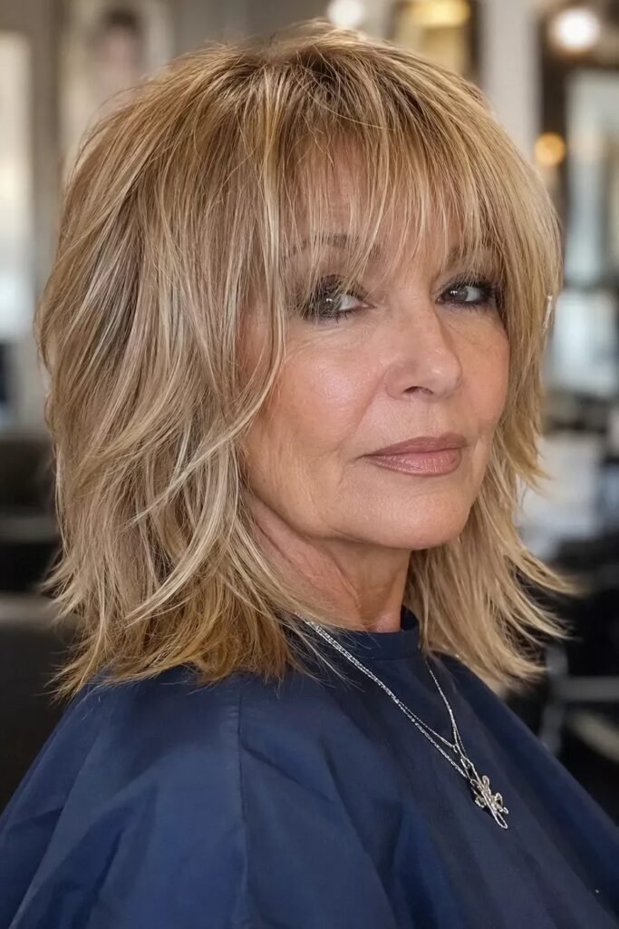 Shoulder-Length Layered Shag with Wispy Bangs