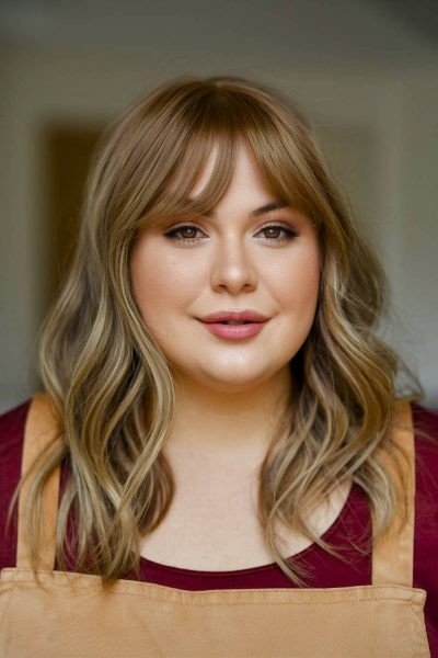 Shoulder-Length Wavy Hair with Curtain Bangs