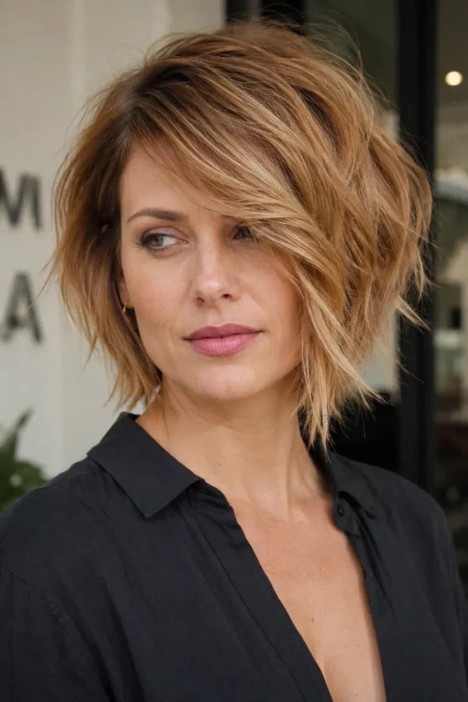 Side-Parted Textured Bob with Long Layers