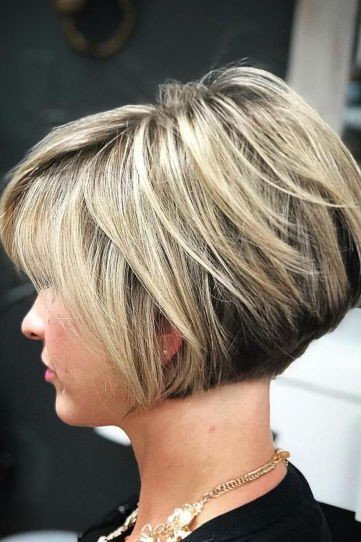 Side-Profile Stacked Bob with Blonde Highlights and Dark Roots