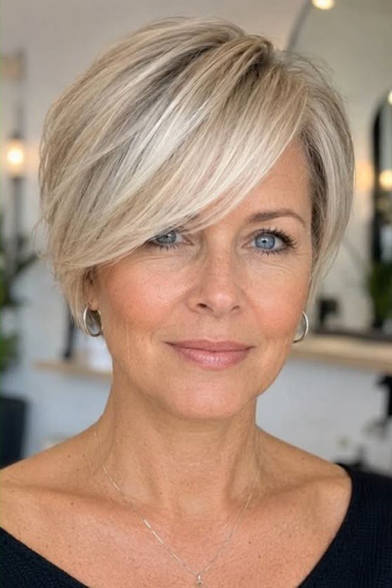 Side-Swept Blonde Pixie Cut with Long Bangs