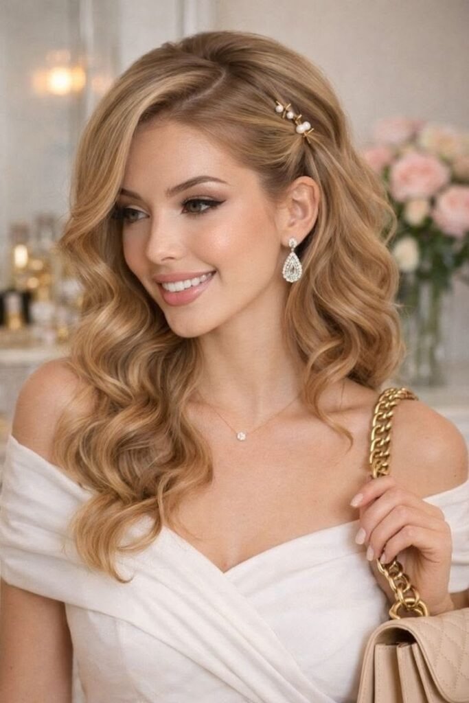 Side-Swept Wavy Hair with Pearl Hair Clips