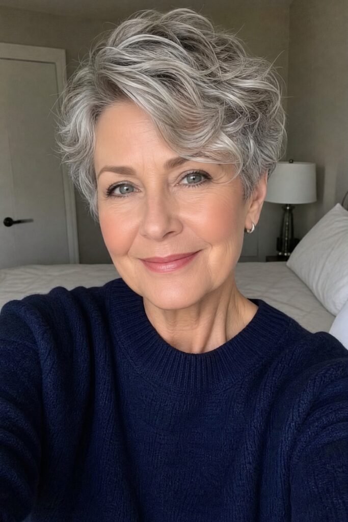 Side-Swept Wavy Pixie Crop in Silver Grey