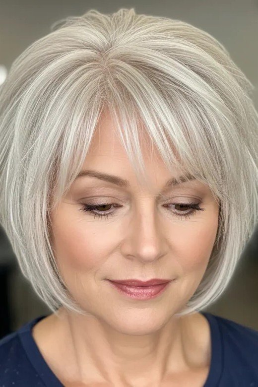Silver Layered Bob with Soft Bangs