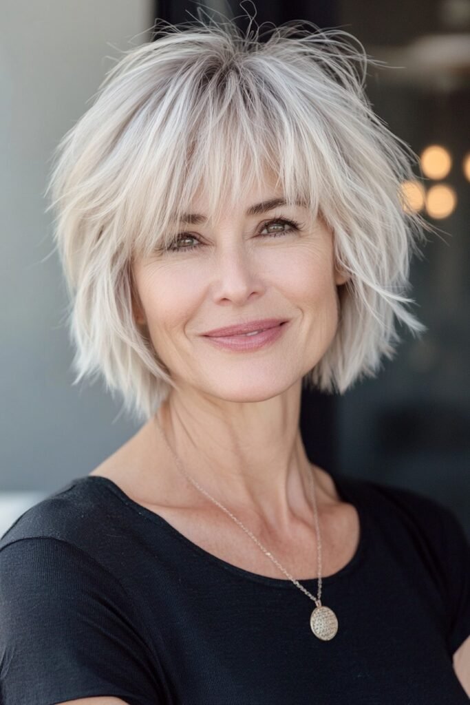 Silver White Textured Bob with Wispy Bangs