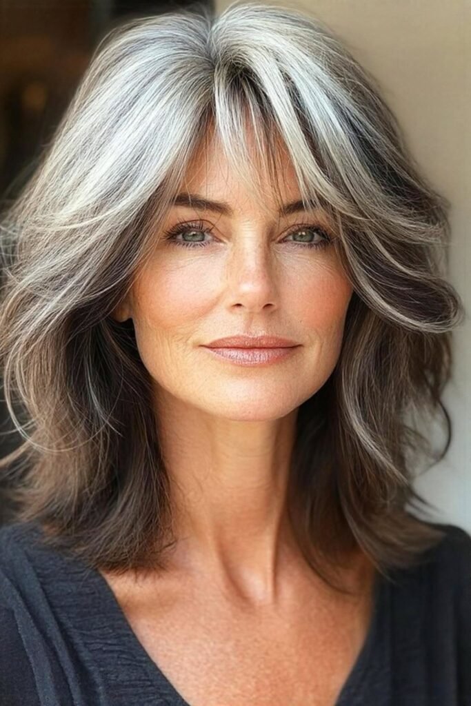 Silver and Charcoal Layered Shag with Face-Framing Curtain Bangs