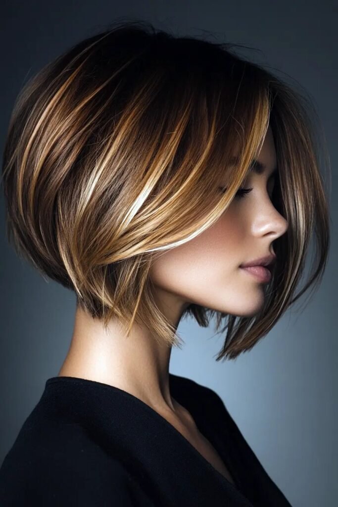 Sleek Angled Bob with Golden Blonde Highlights