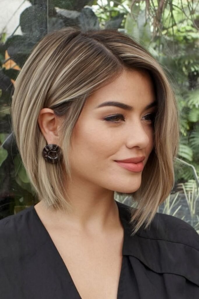 Sleek Angled Bob with Side-Swept Layered Highlights