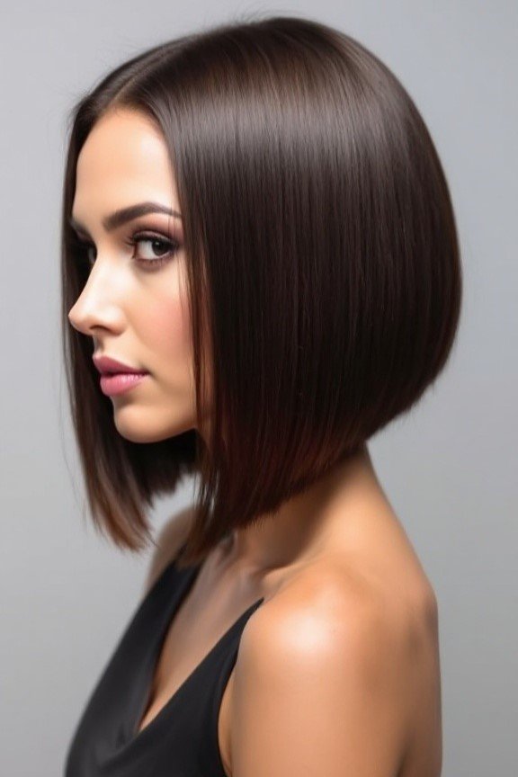 Sleek Angled Dark Bob with Side-Swept Front Layers
