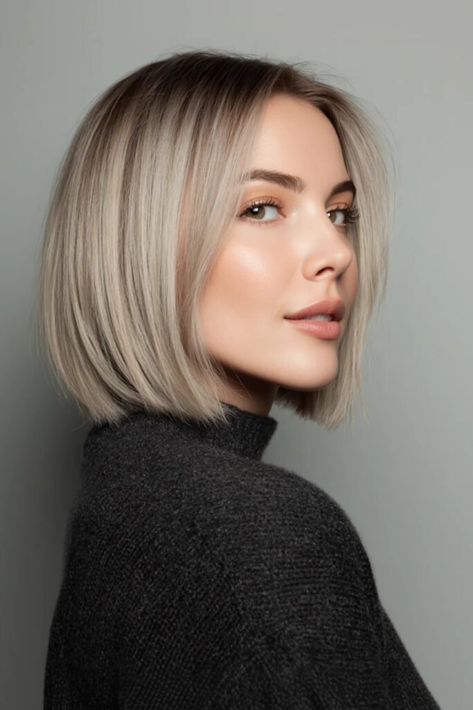 Sleek Ash Blonde Bob with Center Part