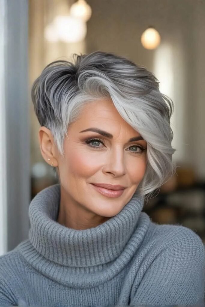 Sleek Asymmetrical Choppy Cut with Silver Highlights
