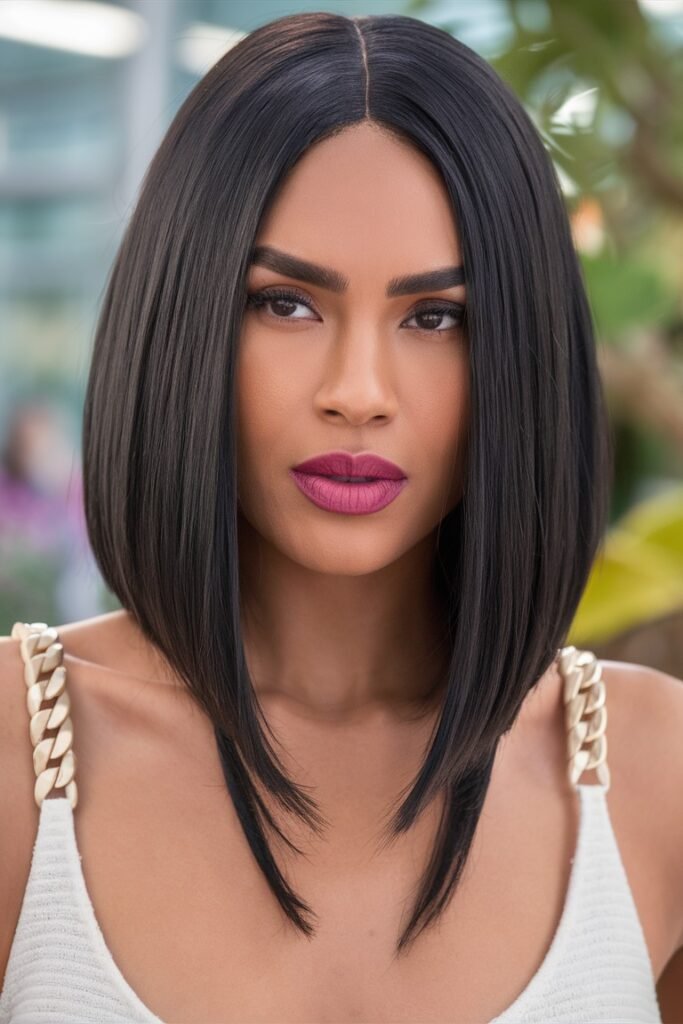 Sleek Black Center-Parted Lob with Subtle Layers