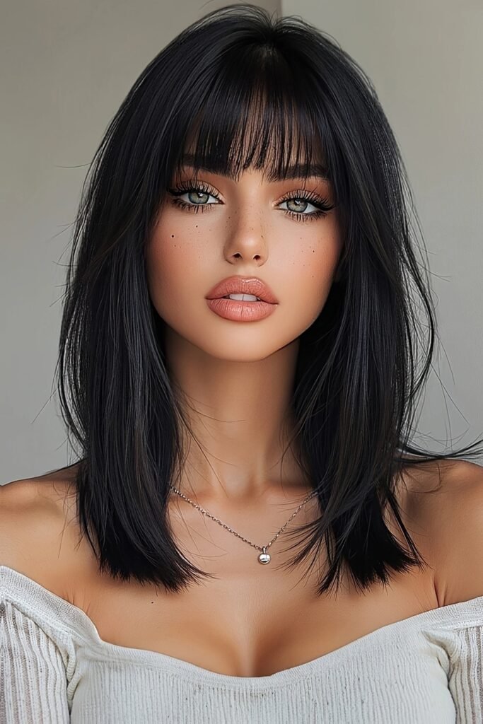 Sleek Black Shoulder-Length Hair with Straight Bangs