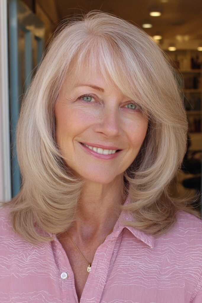 Sleek Blonde Lob with Side-Swept Layered Bangs
