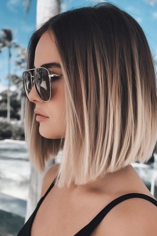 Sleek Blunt Bob with Dark Roots and Blonde Ombre