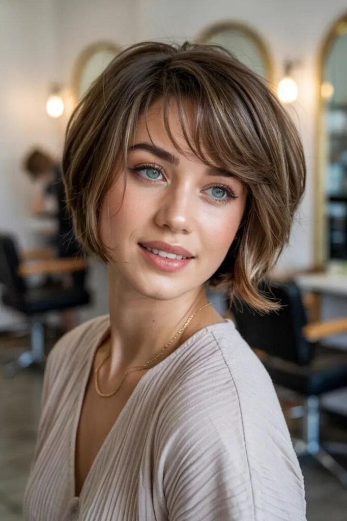 Sleek Bob with Side-Swept Bangs and Caramel Highlights