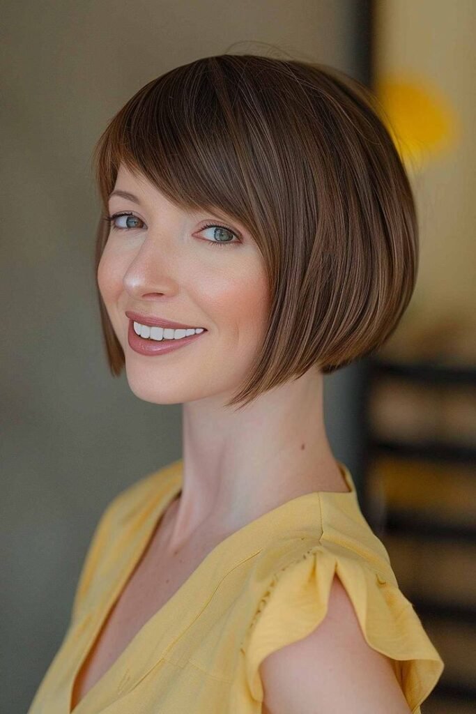 Sleek Brown Chin-Length Bob with Side Bangs