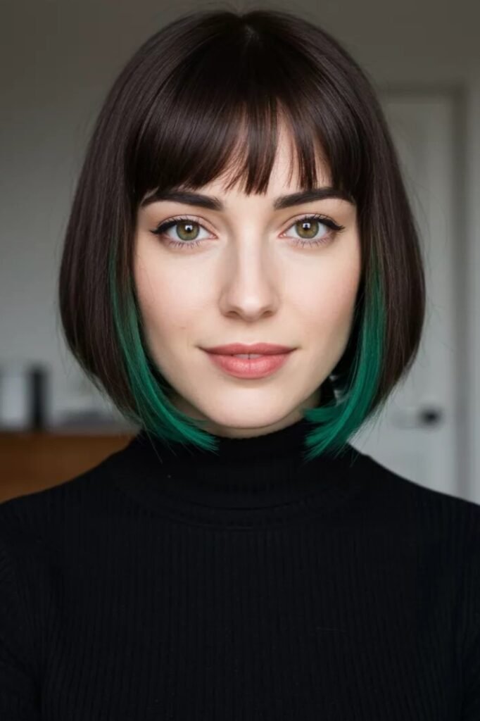 Sleek Dark Bob with Vibrant Green Underlight Tips and Straight Bangs