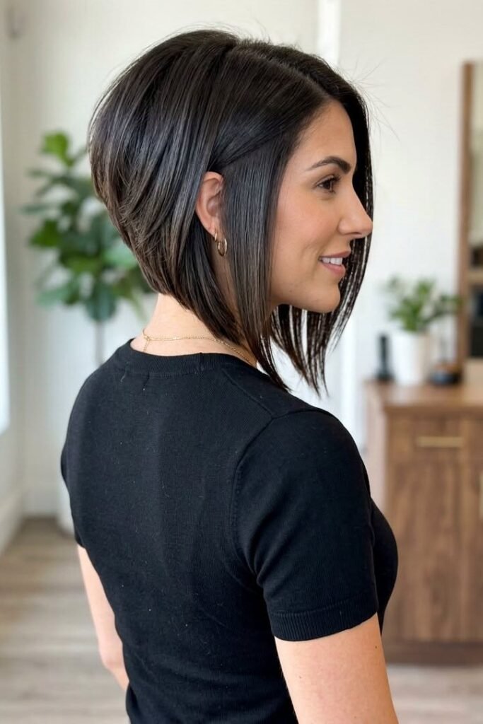 Sleek Dark Brown Angled Bob Viewed from the Side