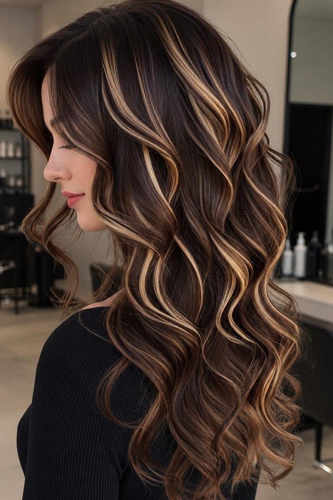 Sleek Espresso Hair with Blonde Highlights