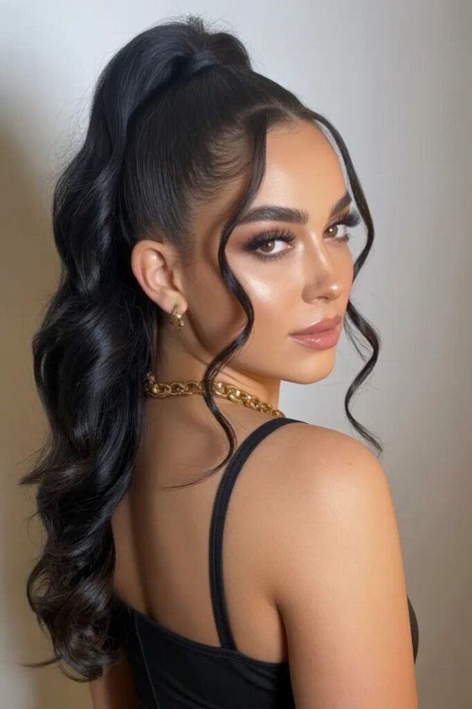 Sleek High Ponytail with Wrapped Hair Strand and Face-Framing Waves
